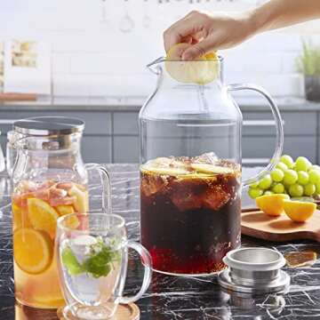 2.6 Liter 88 oz Glass Pitcher with Lid and Spout, Bivvclaz Glass Water Pitcher for Fridge, Glass Carafe for Hot/Cold Water, Iced Tea Pitcher, Large Pitcher for Coffee, Juice and Homemade Beverage