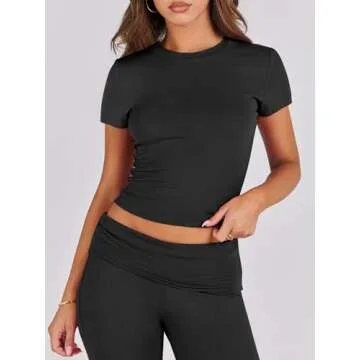 ANRABESS Lounge Sets for Women 2 piece Foldover Yoga Flare Leggings Pants Crop Tops Casual Y2K Outfits Matching Tracksuit Set Black X-Small