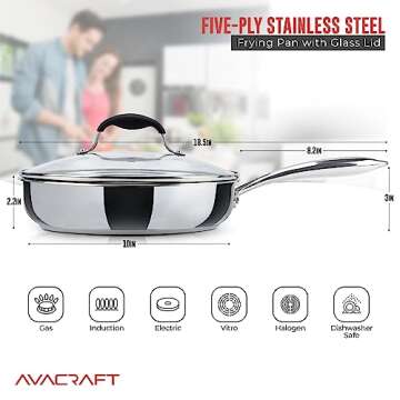 AVACRAFT 18/10 10 Inch Stainless Steel Frying Pan with Lid, Side Spouts, Induction Pan, Versatile Stainless Steel Skillet, Fry Pan in our Pots and Pans (Stainless Steel, 10 Inch)