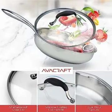 AVACRAFT 18/10 10 Inch Stainless Steel Frying Pan with Lid, Side Spouts, Induction Pan, Versatile Stainless Steel Skillet, Fry Pan in our Pots and Pans (Stainless Steel, 10 Inch)