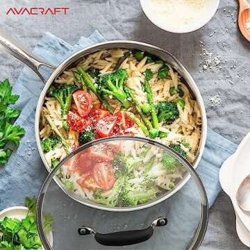 AVACRAFT 18/10 10 Inch Stainless Steel Frying Pan with Lid, Side Spouts, Induction Pan, Versatile Stainless Steel Skillet, Fry Pan in our Pots and Pans (Stainless Steel, 10 Inch)
