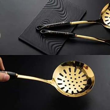 Chef Kitchen Cooking Utensils Set, 7 pcs Non-stick 18/8 Stainless Steel Cooking Kitchen Utensils Spatula Set with Holder, Ceramic Handle Kitchen Gadget Set (Black + Gold)