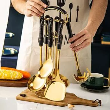 Chef Kitchen Cooking Utensils Set, 7 pcs Non-stick 18/8 Stainless Steel Cooking Kitchen Utensils Spatula Set with Holder, Ceramic Handle Kitchen Gadget Set (Black + Gold)