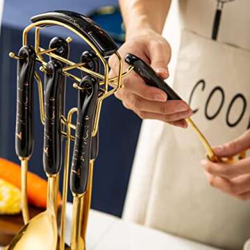 Chef Kitchen Cooking Utensils Set, 7 pcs Non-stick 18/8 Stainless Steel Cooking Kitchen Utensils Spatula Set with Holder, Ceramic Handle Kitchen Gadget Set (Black + Gold)