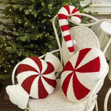 ESIGMARK Christmas Candy Cane Throw Pillows - Round, Red and White, Peppermint Candy Shaped for Bedr...
