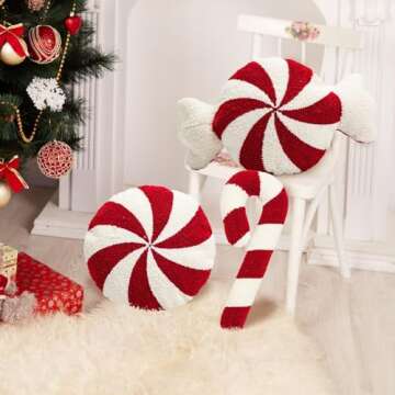 ESIGMARK Christmas Candy Cane Throw Pillows - Round, Red and White, Peppermint Candy Shaped for Bedroom, Living Room, Winter Home Decor