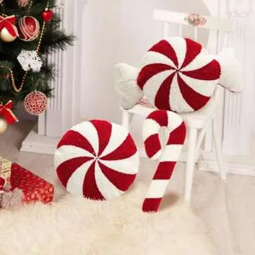 ESIGMARK Christmas Candy Cane Throw Pillows - Round, Red and White, Peppermint Candy Shaped for Bedroom, Living Room, Winter Home Decor