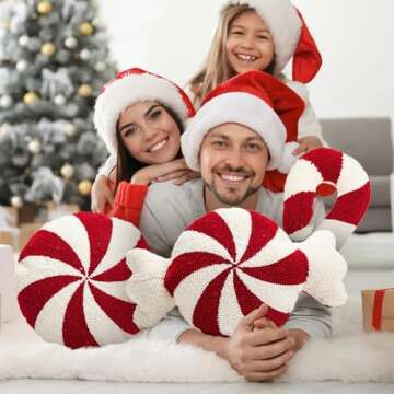 ESIGMARK Christmas Candy Cane Throw Pillows - Round, Red and White, Peppermint Candy Shaped for Bedroom, Living Room, Winter Home Decor