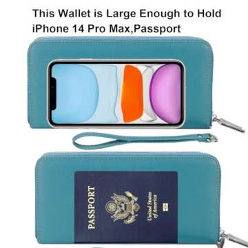 Lavemi Women's RFID Blocking 100% Leather Large Capacity Zip Around Wallet Phone Holder Clutch Travel Purse Wristlet(Large Size Light Green)