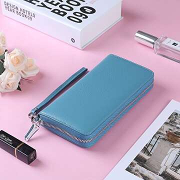 Lavemi Women's RFID Blocking 100% Leather Large Capacity Zip Around Wallet Phone Holder Clutch Travel Purse Wristlet(Large Size Light Green)