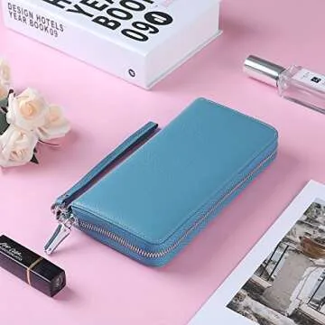 Lavemi Women's RFID Blocking 100% Leather Large Capacity Zip Around Wallet Phone Holder Clutch Travel Purse Wristlet(Large Size Light Green)