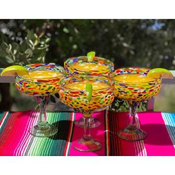 Dos Sueños Mexican Hand Blown Glass – Set of 4 Hand Blown Margarita Glasses Confetti Rock (16 oz) …