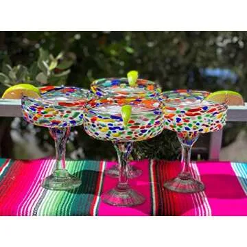 Dos Sueños Mexican Hand Blown Glass – Set of 4 Hand Blown Margarita Glasses Confetti Rock (16 oz) …