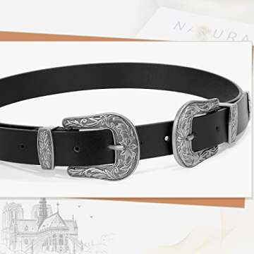WHIPPY Vintage Western Leather Belt for Women - Double Buckle Retro Style for Jeans and Dresses