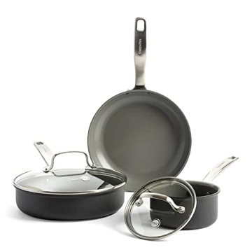 GreenPan Chatham Hard Anodized Healthy Ceramic Nonstick 5 Piece Cookware Pots and Pans Set, Saute, Saucepan, Lids, Stainless Steel Handles, PFAS-Free, Dishwasher Safe, Oven Safe, Gray