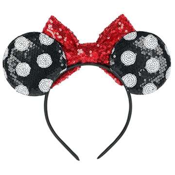 Sawowkuya Costume Headwear, 2 Pcs Red Mickey Ears Headbands, Shiny Sequin Bow Headbands, Disney Minnie Mouse Ears, for Adult Women Girls
