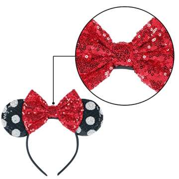 Sawowkuya Costume Headwear, 2 Pcs Red Mickey Ears Headbands, Shiny Sequin Bow Headbands, Disney Minnie Mouse Ears, for Adult Women Girls