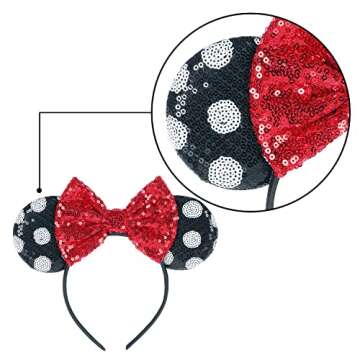 Sawowkuya Costume Headwear, 2 Pcs Red Mickey Ears Headbands, Shiny Sequin Bow Headbands, Disney Minnie Mouse Ears, for Adult Women Girls