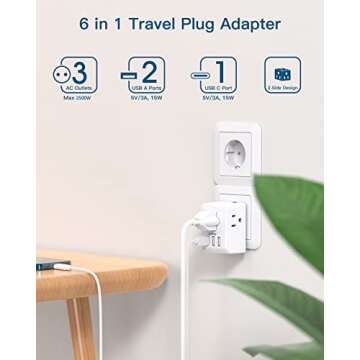 European Travel Plug Adapter, Invernational Power Plug Adapter with 3 Outlets 3 USB Charging Ports(1...