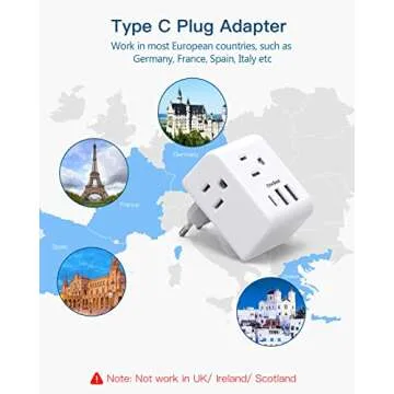 European Travel Plug Adapter, Invernational Power Plug Adapter with 3 Outlets 3 USB Charging Ports(1 USB C), Type C Plug Adapter for US to Most Europe EU Spain Italy France Germany