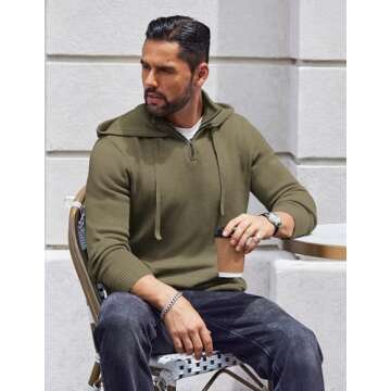 COOFANDY Mens Knitted Hoodie Sweater Long Sleeve Turtleneck Quarter Zip Pullover Sweaters with Pocket Army Green