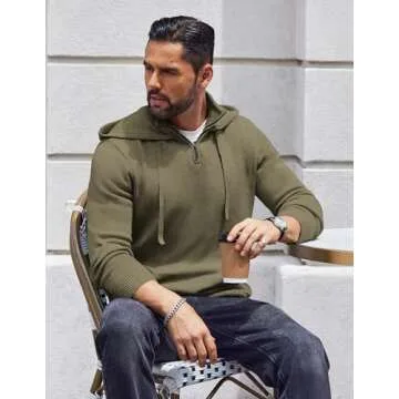 COOFANDY Mens Knitted Hoodie Sweater Long Sleeve Turtleneck Quarter Zip Pullover Sweaters with Pocket Army Green