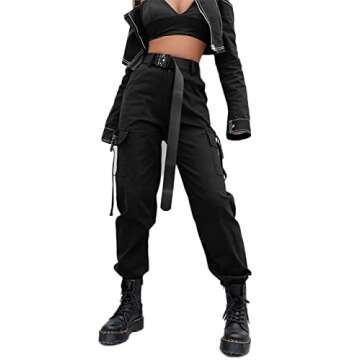 JEAAMKSSER Womens High Waisted Black Cargo Pants with Pockets Baggy Solid Y2k Streetwear Pants # Black S
