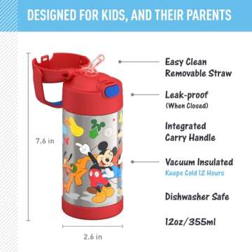 THERMOS FUNTAINER Water Bottle with Straw - 12 Ounce - Kids Stainless Steel Vacuum Insulated Water Bottle with Lid, Mickey Mouse