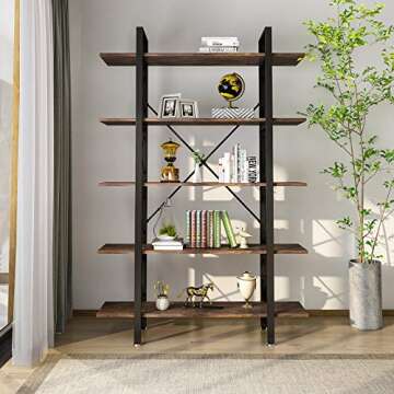 YITAHOME 5 Tier Bookshelf, Open Freestanding 5 Shelf Bookcase 5 Tier Storage Shelf for Display and Collection, Industrial Decorative Shelf for Living Room, Home, Office, Rustic Brown Bookshelf