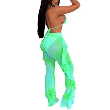 Ophestin Womens Sexy Halter Sheer Bikini Ruffle Long Pants Set 2 Piece Swimsuit Green Size L