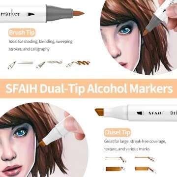 SFAIH Skin Tone Alcohol Markers Brush Tip - 12 Dark Skin Colors Double Tipped Art Markers for Artist...