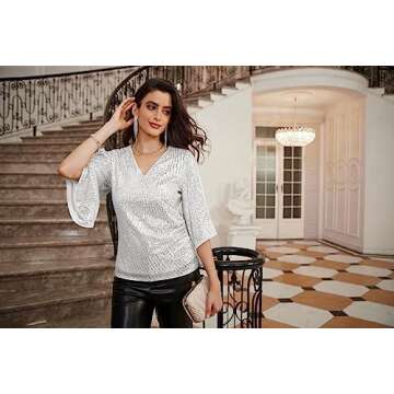 GRACE KARIN Women's Sequin Silver Top Sparkly 3/4 Sleeve Party Shirts Dressy Glitter Slim Fit Blouses 2XL