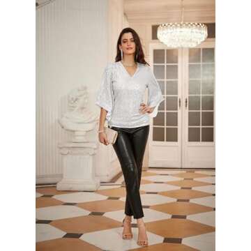 GRACE KARIN Women's Sequin Silver Top Sparkly 3/4 Sleeve Party Shirts Dressy Glitter Slim Fit Blouses 2XL