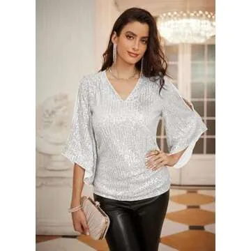 GRACE KARIN Women's Sequin Silver Top Sparkly 3/4 Sleeve Party Shirts Dressy Glitter Slim Fit Blouses 2XL