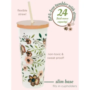 Steel Mill & Co 24 Ounce Tumbler with Lid and Reusable Straw, Double Wall Insulated Travel Cup, Woodland Floral