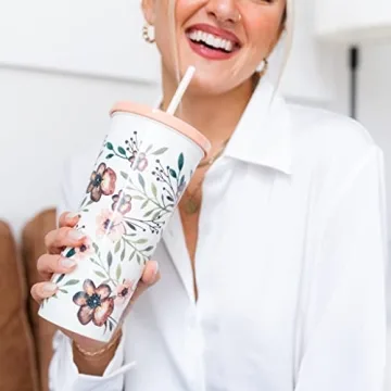 Steel Mill & Co 24 Ounce Tumbler with Lid and Reusable Straw, Double Wall Insulated Travel Cup, Woodland Floral