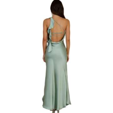 Summer Satin One Shoulder Backless Ruffle Maxi Wedding Guest Dress Sexy Sleeveless Slit Midi Cocktail Dresses for Women 2025 Sage