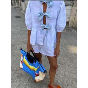 Faretumiya Women Tie Front Pajamas Sets Puff Sleeve Plaid Babydoll Shirt Ruffle Hem Shorts Y2k 2 Piece Pj Matching Set （white ，Small）