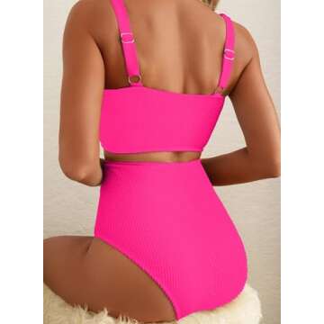 Herseas Women's Bikini Sets Scrunch Square Neck Swimsuits Slimming Wireless Resort Bathing Suits Hot Pink Vacation Outfits Small