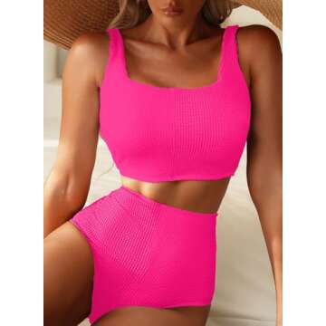 Herseas Women's Bikini Sets Scrunch Square Neck Swimsuits Slimming Wireless Resort Bathing Suits Hot Pink Vacation Outfits Small
