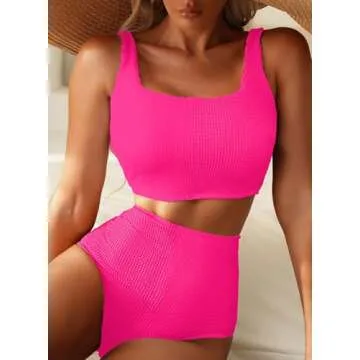 Herseas Women's Bikini Sets Scrunch Square Neck Swimsuits Slimming Wireless Resort Bathing Suits Hot Pink Vacation Outfits Small