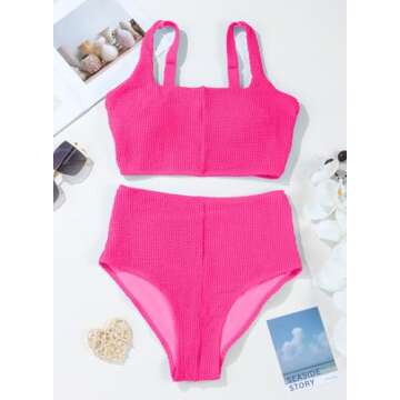 Herseas Women's Bikini Sets Scrunch Square Neck Swimsuits Slimming Wireless Resort Bathing Suits Hot Pink Vacation Outfits Small