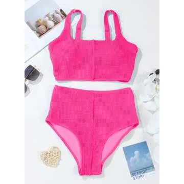 Herseas Women's Bikini Sets Scrunch Square Neck Swimsuits Slimming Wireless Resort Bathing Suits Hot Pink Vacation Outfits Small