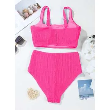 Herseas Women's Bikini Sets Scrunch Square Neck Swimsuits Slimming Wireless Resort Bathing Suits Hot Pink Vacation Outfits Small