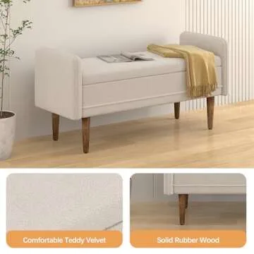 Niccae Teddy Velvet Ottoman Storage Stool, Modern Bedroom Teddy Velvet Armrest Storage Stool Suitable for Use as Bed End Stool, Bedroom Stool, Leisure Stool, Corridor Stool (Beige)
