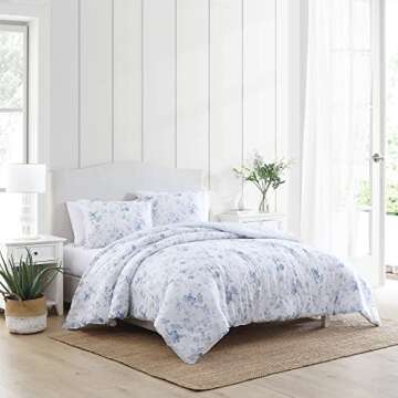 Laura Ashley- King Comforter Set, Reversible Cotton Bedding with Matching Sham(s), Farmhouse Home Décor (Belinda Blue, King)