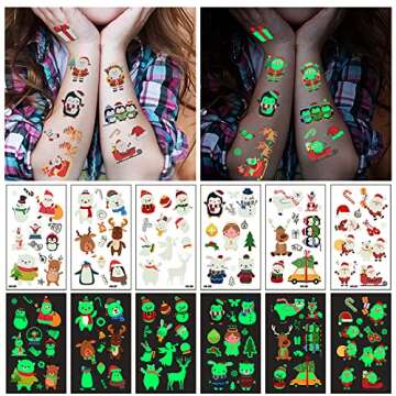 Awinmay Luminous Christmas Temporary Tattoos for Kids - 120 Pieces Christmas Glow in The Dark Tattoos Stickers for Boys and Girls,Christmas Party Favors for Kids Stocking Stuffers and Gifts 10 Sheets