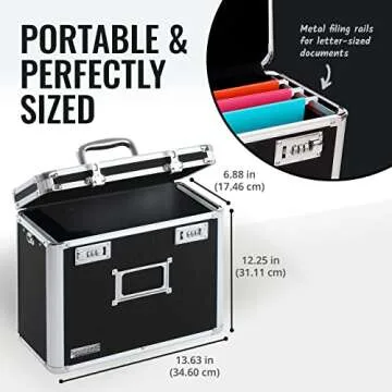 Vaultz File Organizer Storage Box - 14 x 7 x 12.19 Inch Letter Size, Portable Locking Storage Totes with Dual Combination Locks for Filing Office Documents - Black