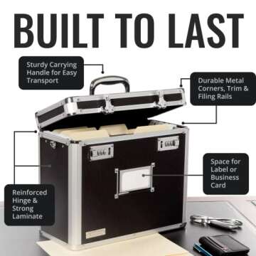 Vaultz File Organizer Storage Box - 14 x 7 x 12.19 Inch Letter Size, Portable Locking Storage Totes with Dual Combination Locks for Filing Office Documents - Black