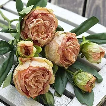 FiveSeasonStuff Vintage Pink Peonies Artificial Silk Flowers Arrangement with 6 Stems, Wedding Bridesmaids Bouquet Bridal Showers